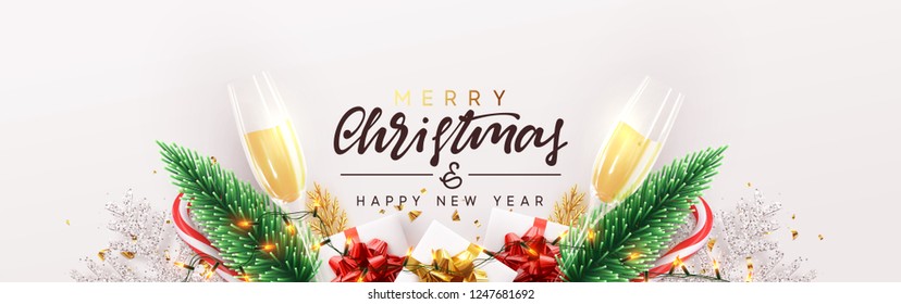 Merry Christmas  banner, Glasses champagne with gifts box, pine green, bright snowflakes, Xmas lights garland. 
Horizontal poster, greeting card, headers, website. Objects viewed from above.  Top view