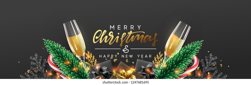 Merry Christmas  banner, Glasses champagne with gifts box, pine green, bright snowflakes, Xmas lights garland. 
Horizontal poster, greeting card, headers, website. Objects viewed from above.  Top view