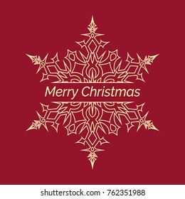 Merry Christmas banner in gold outline style. Christmas greeting card or invitation with gold linear snowflake and Merry Christmas lettering on red background. Winter time logo.