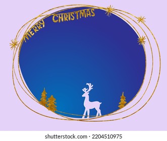 Merry Christmas banner with gold stars deer and forest. 3d paper art and digital craft style on blue night background.