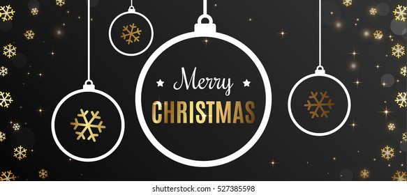 Merry Christmas Banner. Gold template over black background. Happy new year. Black space abstraction. Fallen snow and sun rays in the dark area. Vector illustration.