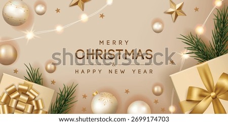 Merry Christmas Banner with Golden Christmas Elements and Gift Boxes . Vector illustration.