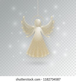 Merry Christmas banner with golden glass angel with sparkles on a transparent background. Festive angel with glitters and flashes, glowing blurs and vivid spots for xmas design. Vector illustration.