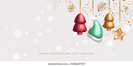 Banner Feliz Natal com estrela dourada brilhante, chapéu de Papai Noel e árvores 3d sobre fundo branco. Elemento de decoração realista no desktop. Projeto de X-mas vetorial de cartão de férias.