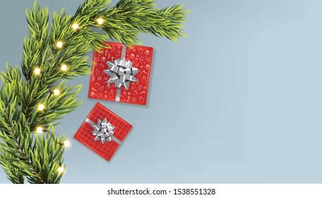 Merry christmas banner with golden ribbon gift box, fir tree leaves and warm fairy lights. Silver background vector
