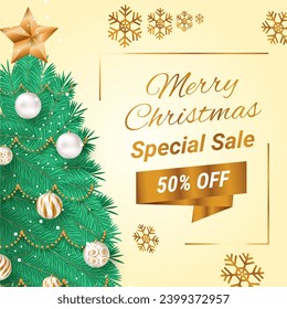Merry Christmas banner golden snowflake and Christmas Tree with Discount up to 50% off. Special Sale. Shop Now.
