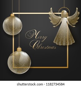 Merry Christmas banner with golden Square Frame and glass christmas balls and angel with sparkles on a dark background. Merry Christmas congratulation text. Vector illustration.