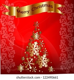 Merry christmas banner and golden tree.