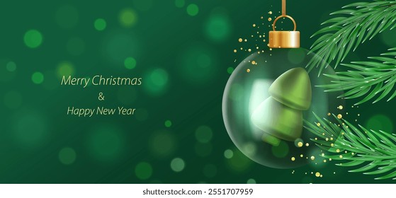 Fondo verde del bokeh del Anuncio de las Navidades felices. Bola de cristal transparente con el árbol 3d dentro. Tarjeta de Festiva con ramas, estilo bosque. Vector x-mas diseño.