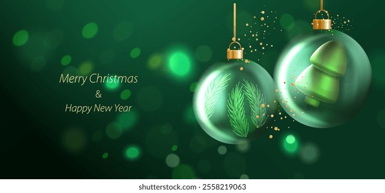 Merry Christmas banner green bokeh background. Transparent glass balls with 3d tree and branches inside. Holiday card vector x-mas design.