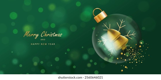 Merry Christmas banner green bokeh background. Transparent glass ball with 3d gold tree and snowflake inside. Holiday card vector x-mas design.