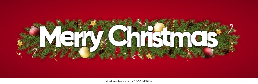 merry christmas for banner greeting card and gift card on red background. christmas decoration with ball candy cane pine branch. christmas pine tree wreath decor. vector illustration.