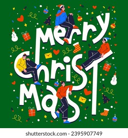 Merry Christmas banner or greeting Xmas card. Vector poster for winter holiday eve. Image for invitation or celebration during wintertime. Festive clipart design or placard. Cartoon image with gift