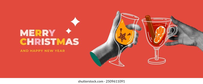 Merry Christmas banner with group people drink winter drinks. Halftone human hands holding glasses of mulled wine. Modern collage. People celebrate Christmas and New Year together. Christmas party