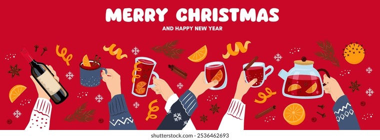 Feliz banner de Natal com um grupo de pessoas bebendo bebidas de inverno. Mãos seguram xícaras de vinho ruminado. As pessoas celebram juntos o Natal e o Ano Novo. 