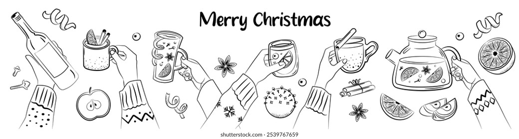 Merry Christmas banner. Group of people drinking winter drinks. Hands hold cups of mulled wine. People celebrate Christmas and New Year together. Sketch style.