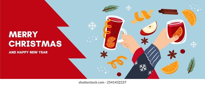 Merry Christmas banner. Group of people drinking winter drinks. People celebrate Christmas and New Year together. Hands hold glasses of mulled wine. 