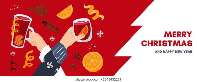 Merry Christmas banner. Group of people drinking winter drinks. People celebrate Christmas and New Year together. Hands hold glasses of mulled wine. 