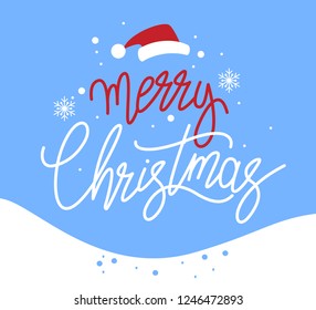 Merry Christmas banner. Hand drawn lettering text. Flat modern design.