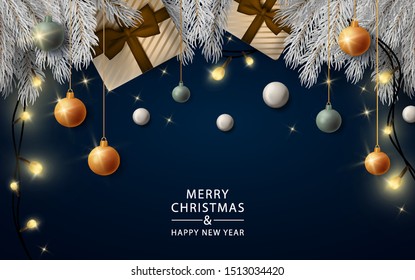 Merry Christmas banner with hanging on a string decorative toys. Background Xmas design with gift box, present, white fur-tree and garland, ball. New year lights realistic design elements. 