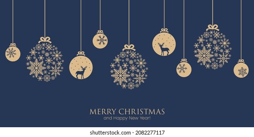 Merry Christmas banner with hanging Xmas baubles made by snowflakes and balls with deer. Background with different hanging Christmas and New Year decorations. Vector illustration.