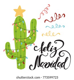 Merry Christmas banner. Happy cactus in a Christmas garland. Cute vector greeting card, print, label, poster, sign. Title in Spanish. Vector illustration. Hand drawn mexico design. Hand lettering