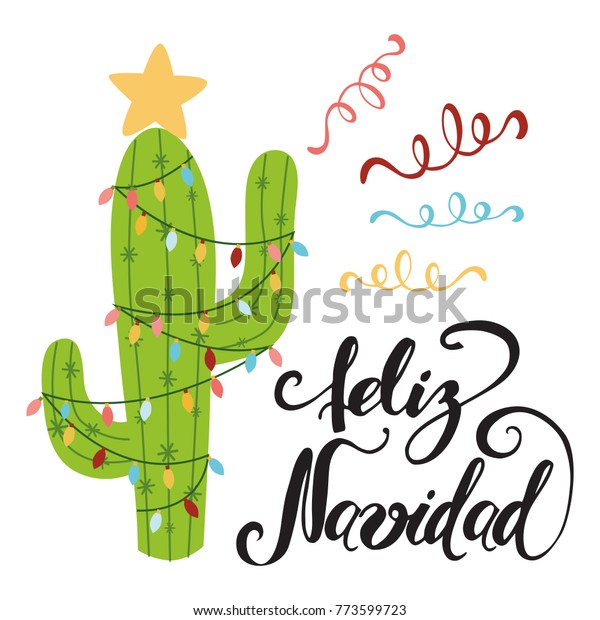 メリークリスマスバナー クリスマス の花輪にハッピーサボテン かわいいベクターグリーティングカード 印刷 ラベル ポスター サイン スペイン語のタイトル ベクターイラスト 手描き のメキシコデザイン 手書き のベクター画像素材 ロイヤリティフリー