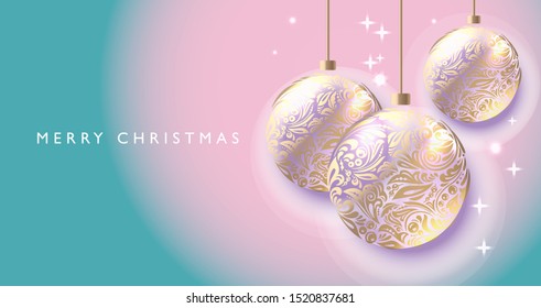 Merry Christmas banner. Happy New Year vector lettering design, with christmas golden ball in floral openwork pattern and ornament.