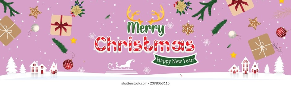 Merry Christmas banner, Happy New Year Promotion Poster or banner with gift box, christmas tree and christmas element for Retail,Shopping or Christmas Promotion in red and green style.
