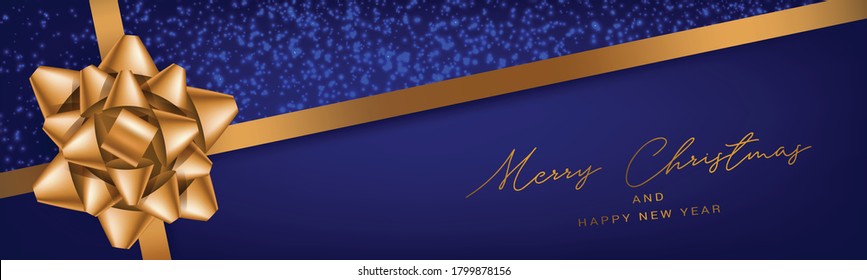 Merry Christmas banner or header. Xmas holiday blue and golden design concept. Vector illustration.