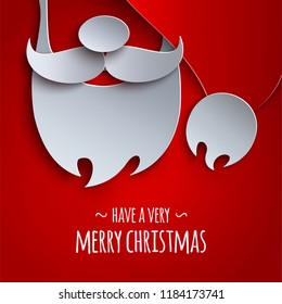 Merry christmas banner, holiday design. Red background, 3d paper cutout hat, mustache, beard of Santa Claus for poster, greeting card. Text merry christmas. Paper cut out style, vector illustration