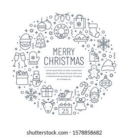 Merry Christmas banner with holiday line icons. White background with black outline symbols. Vector greeting card.