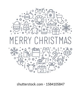 Merry Christmas banner with holiday line icons. White background with black outline symbols. Vector greeting card.