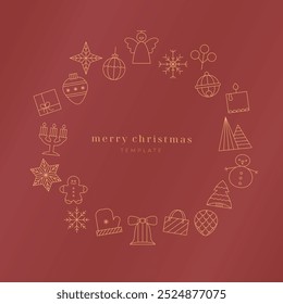 Merry Christmas banner with holiday line icons. Round Christmas wreath with outline symbols. Vector greeting card template with star, ball, snowflake.