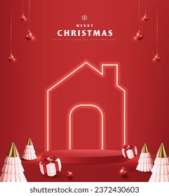 Merry Christmas banner home icon with neon flex and product display cylindrical shape