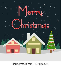 Merry Christmas banner with home and Christmas Tree. candy stick, Xmas decoration. square Christmas posters, greeting cards, headers, social media post. Dark night background.editable vector