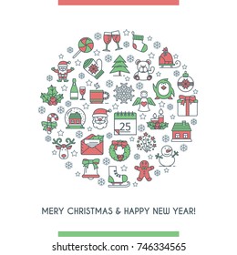 Merry christmas banner. Christmas icons arranged in the form of a ball. Design template with flat line icons on theme new year and christmas. Vector illustration