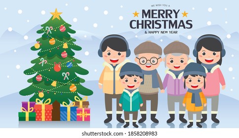 Merry Christmas banner illustration with happy family wear the winter clothes at outdoor. Having a family group photo with christmas tree.