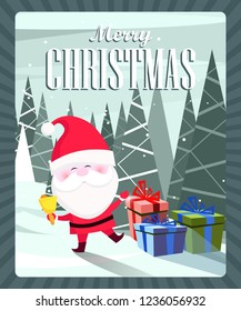 Merry Christmas banner with kind Santa Claus ringing bell and dancing in winter forest, colorful gift boxes in snow. Lettering with realistic elements can be used for invitations, signs, announcements