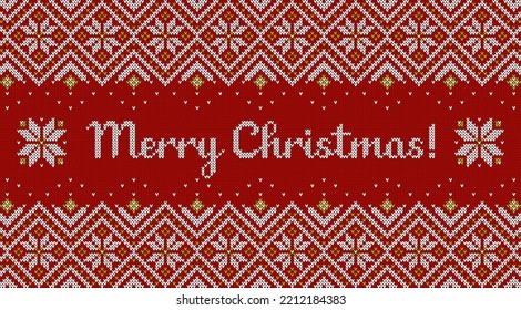 Merry Christmas banner with knitted background. Red, green and white sweater pattern with traditional scandinavian ornament and greeting text. Vector horizontal card.