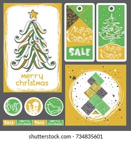 Merry Christmas banner, label, sticker Set with cute hand drawn text, christmas tree in vector. Inspirational poster. Winter trendy background. Works well as a discount coupon design or greeting card.