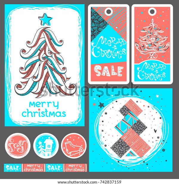 Merry Christmas banner, label, sticker Set with
cute hand drawn text, christmas tree in vector. Inspirational
poster. Winter trendy background. Works well as a discount coupon
design or greeting card.