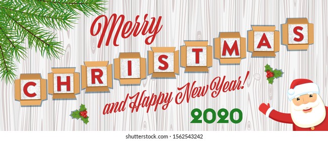 Merry Christmas banner. Letters are in cardboard boxes on white background. Realistic vector illustration