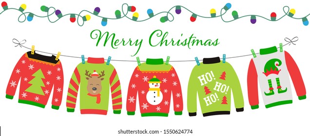 Merry Christmas Banner With Lights Garland And Hanging Ugly Sweaters Set.  Xmas Party Decoration 