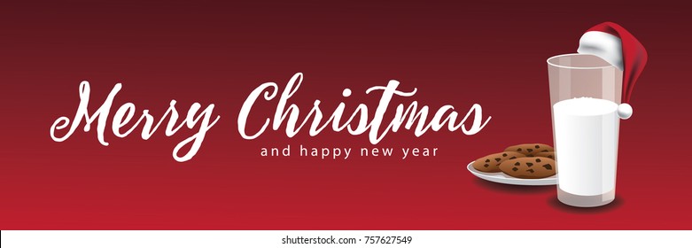 Merry Christmas Banner With Milk And Cookies And Santa Claus Hat. EPS 10 Vector.