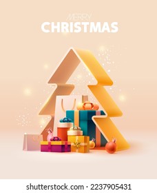 Merry Christmas banner. Mountain gifts boxes with stylized Christmas tree. Realistic holiday composition for greeting cards, posters, web, flyers