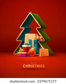 Merry Christmas banner. Mountain gifts boxes with stylized Christmas tree. Realistic holiday composition. The image was created without the use of any form of AI.