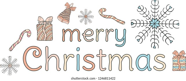 Merry Christmas. Banner. Multi-colored inscription, a bell with a bow, snowflakes, gifts and candy-canes on a white background. Vector.
