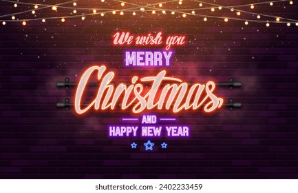 Merry Christmas banner with neon signs on brick wall background. Vector illustration.
