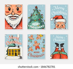 Merry Christmas banner. New Year sticky label. Poster template and Santa Claus for vintage sticker Flyer or labels. Engraved hand drawn sketch 